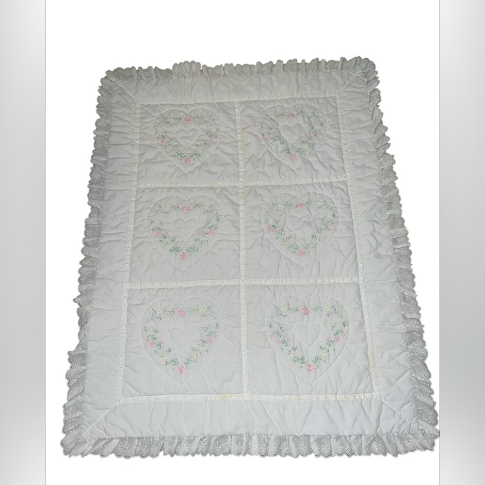 Vintage Rare House Of Hatten White Embroidered Hearts Baby Quilted Blanket+ Flaw